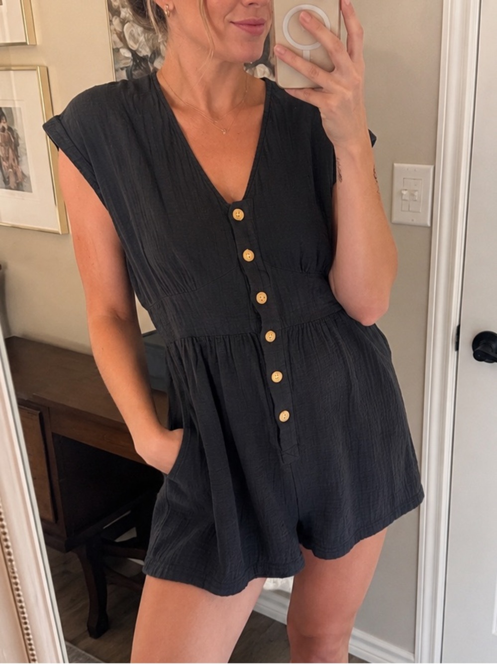 Universal Thread Black Cotton Gauze Button Front Romper Small